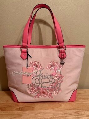 Juicy Couture Light Pink Floral Heart Charm Tote with Hot Pink Trim